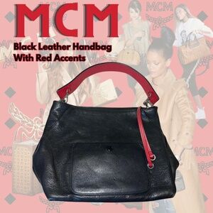MCM Black Leather Shoulder Bag With Reversible Black & Red Strap